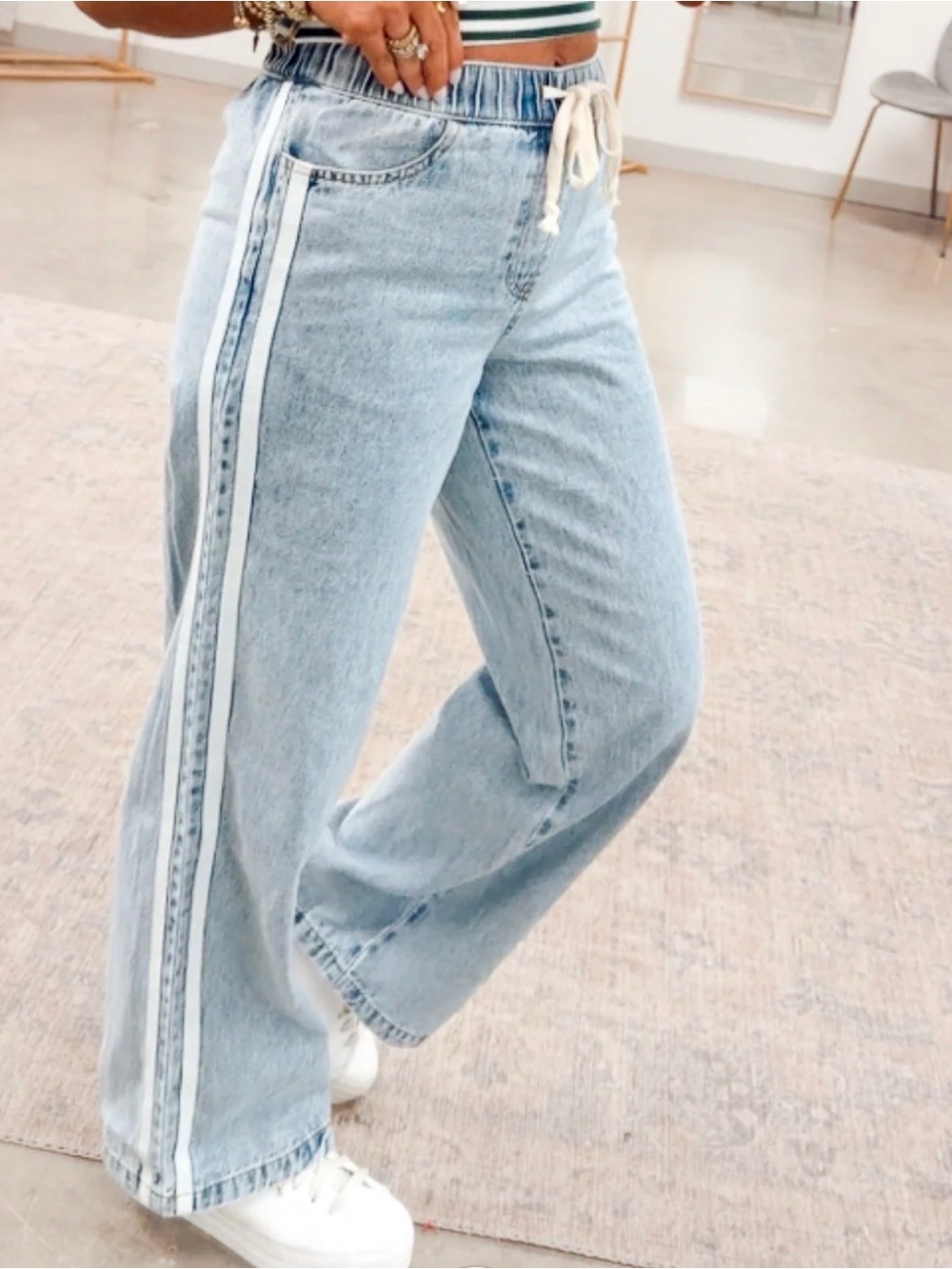 Papermoon Light Blue Wide Leg Jeans with White Stripe